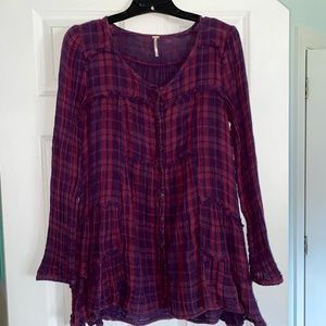 Free People cotton plaid tunic blouse Sz S red purple oversized boho flowy
